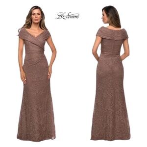 NWT La Femme Portrait Neck Embellished Lace Trumpet Evening Gown in Coco…